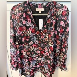 Philosophy Floral V-Neck Blouse Black Pink Long Sleeve NWT | 1X